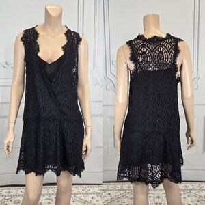 Free People Black Lace Sleeveless V Neck Mini Slip Dress sz M NWT